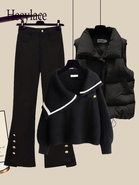 Женские брюки из двух частей, осенне-зимний теплый комплект, вязаный свитер с диагональным вырезом, парковая майка с разделенными пуговицами Flash Three 231121