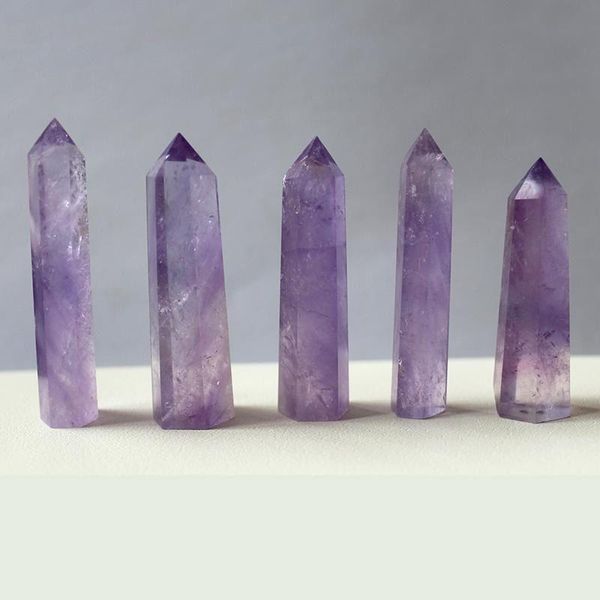 7 ~ 10 cm Naturale Ametista Quarzo Pilastro Viola Punto di cristallo Arti Ornamento Minerale Reiki Guarigione obelisco bacchetta a sei facce Pietra energetica Himgk