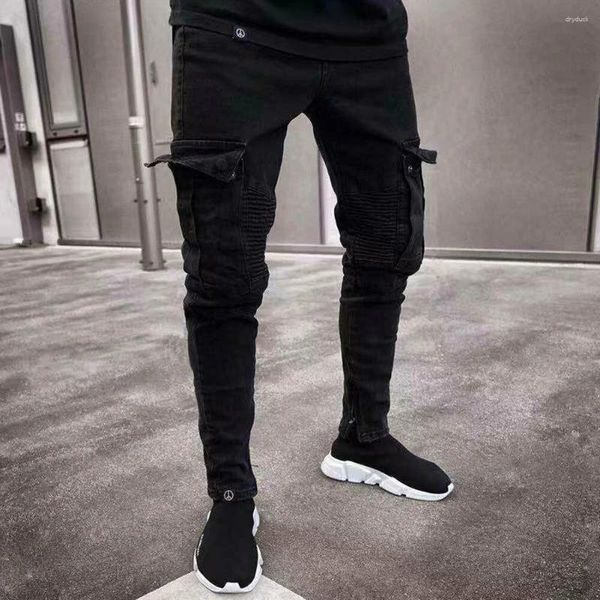 Jeans masculinos S-3XL homens preto bolso jogger casual moda estiramento elástico magro denim calças streetwear hip hop biker