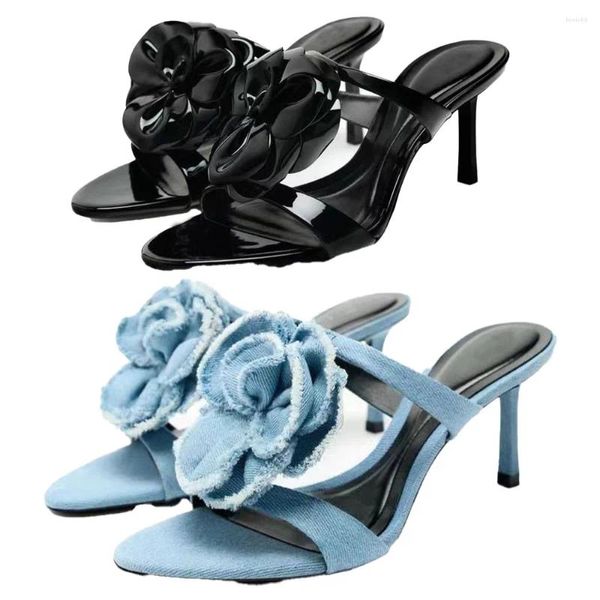 Sandálias Sapatos Femininos 2023 Verão Boutique Transparente Flor Decorativa Plástico Salto Aberto Apontado Baotou Alto