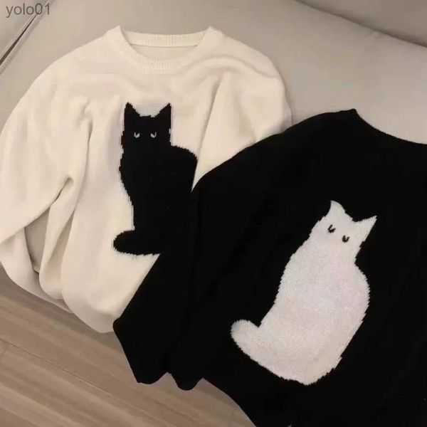 Kadın Sweaters Tatlı Karikatür Kedi Japon Örgü Jumper Kadınlar Sıcak Kazak Kadınlar Gevşek Vintage Örgü Üst Kaii Kızlar Kış Sulakları231122