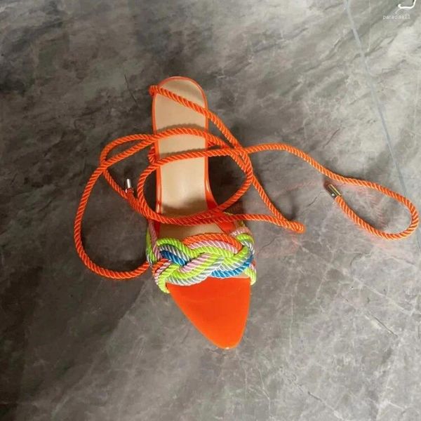 Sandalen Bunte Kreuzbindung Gewebte Frauen 2023 Europäischer und amerikanischer ethnischer Stil Orange High Heel Frau Schuhe Größe 36-42