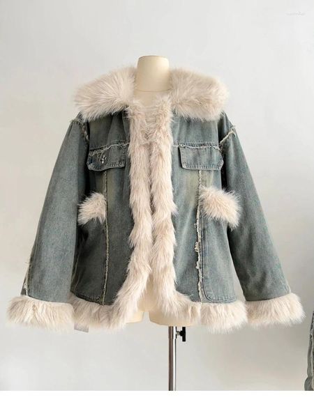 Giacche da donna Elegante Autunno Donna Parka Cappotto Caldo Denim Cappotto invernale Collo in pelliccia sintetica Giacca trapuntata 2024 Capispalla femminile casual