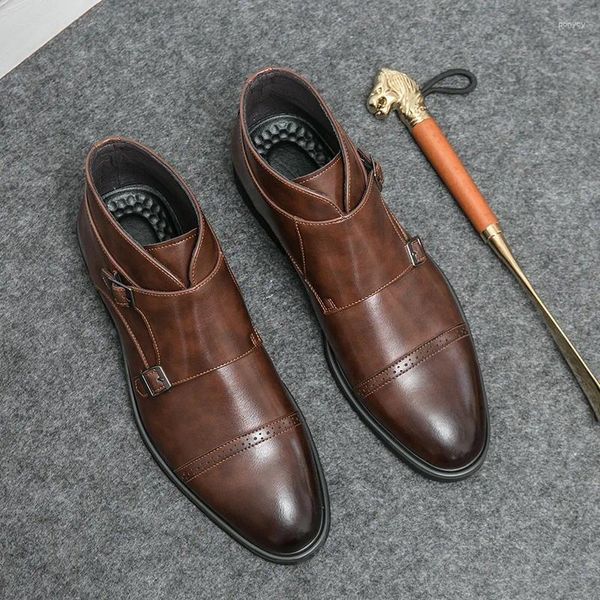 Botas Designer Britânico Moda Marrom Preto Patente Couro Tornozelo Monk Strap High Tops para Homens Flats Sapatos de Motocicleta