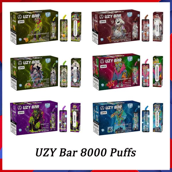 Original UZY Bar 8000 Puff Descartável E Cigarros 1.2ohm Malha Bobina 18ml Pod Bateria Recarregável Eletrônico Cigs Puff 8K 0% 2% 3% 5% Kit Vape Descartável Navio Rápido