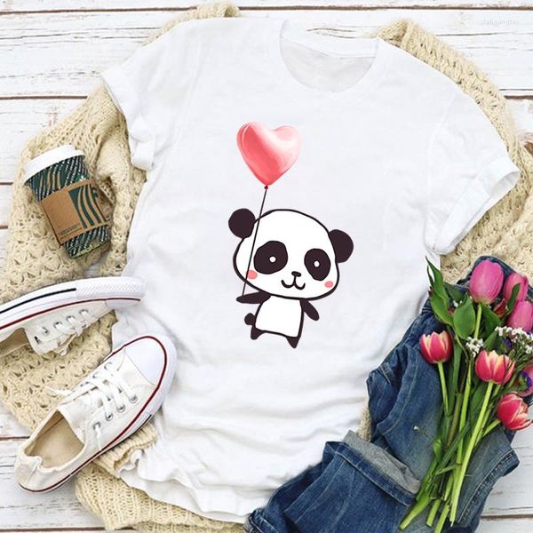 T-shirt da donna T-shirt da donna in cotone T-shirt a maniche corte estive per abbigliamento casual femminile Cute Panda Love Graphic Camisetas Mujer