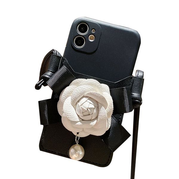 Weiße Blumen-Handyhüllen für Iphone14 13 12 Pro Max Damen Apple Handy Rückseite Schutzhülle Pu-Leder Kamelie Kartentasche Umhängetasche mit Riemen