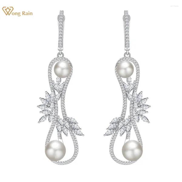 Brincos pendurados wong chuva elegante 925 prata esterlina pérola branca safira pedra preciosa para mulheres casamento joias finas atacado