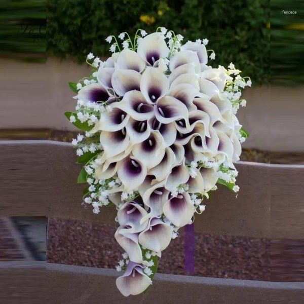 Fiori nuziali PEORCHIDE Viola Bianco Cascata Bouquet Sposa che tiene Calle Lillies Mughetto Cascata nuziale