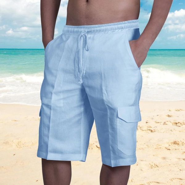 Shorts masculinos verão homens linho cor pura bolso casual homem roupas carga praia havaí