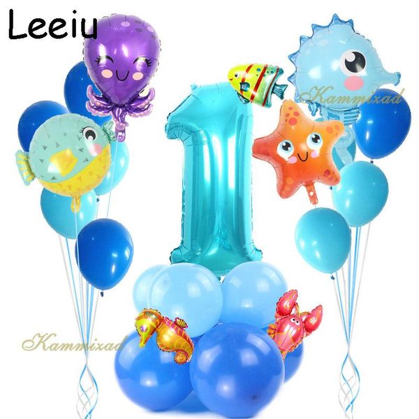 Decorazione per feste Leeiu Under Sea Ocean World Palloncini con animali Numero blu Palloncino Tema Bambini Buon compleanno Baby Shower