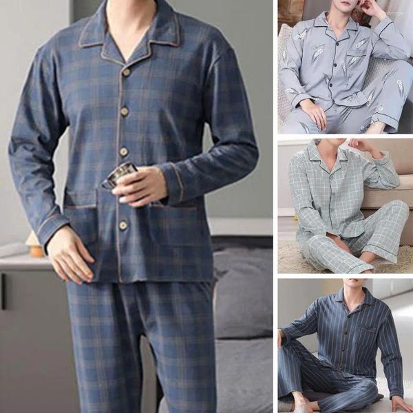 Homens sleepwear homens primavera outono pijamas conjunto lapela colarinho manga longa lavável secagem rápida impressão família loungewear