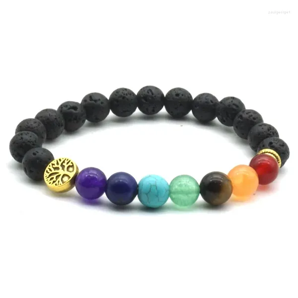 Filo 10 pz 7 Chakra Albero Della Vita 8mm Nero Pietra Lavica FAI DA TE Olio Essenziale Diffusore Guarigione Equilibrio Perline Buddha Preghiera gioielli