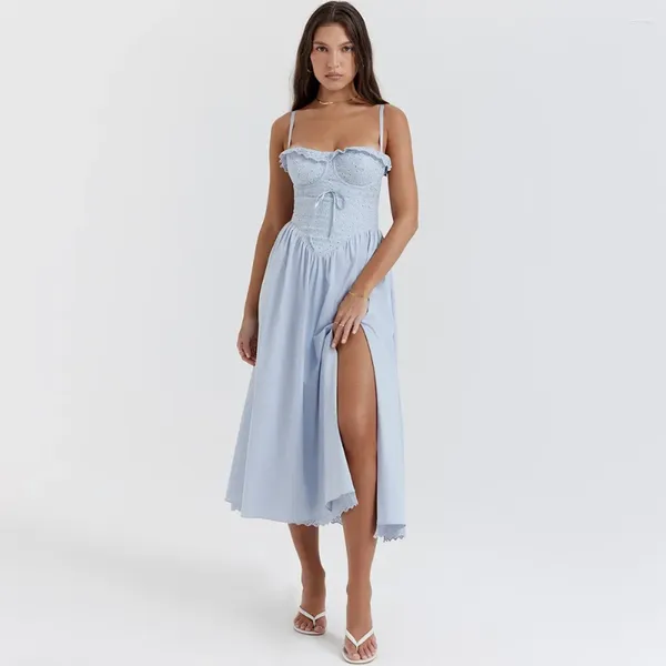 Abiti casual Mingmingxi Summer Midi Vacation Dress Blu Lace Spaghetti Strap Crochet Elegante High Split Festa di compleanno 2023