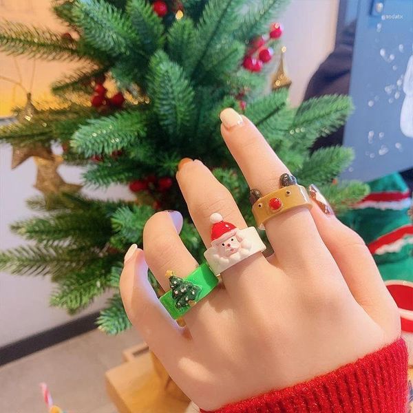 Anéis de cluster bonito dos desenhos animados Natal Papai Noel Elk Bell Tree Resina Anel de Dedo para Mulheres Meninas Presente Atacado