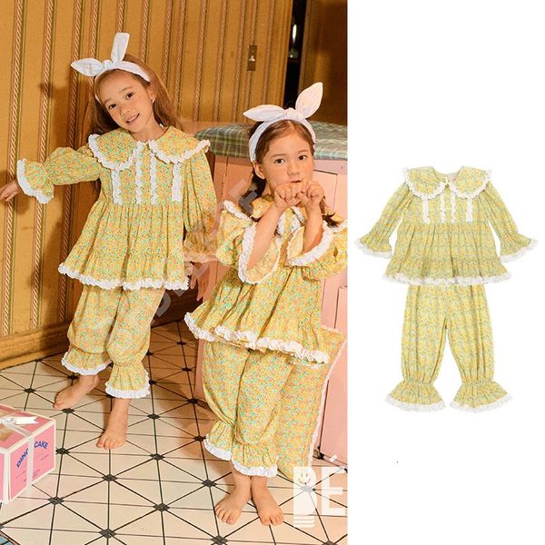 Pijamas meninas algodão amarelo floral pijama conjunto retro bebê peter pan colar pijama conjunto dormir em roupas infantis 231122