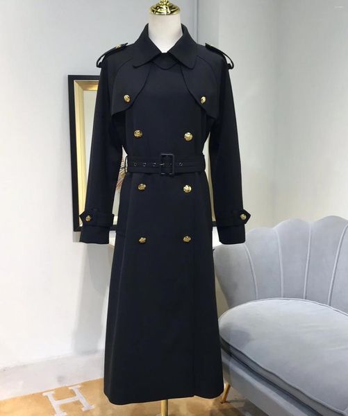 Frauen Trenchcoats 2023 Herbst/Winter Schwarz Gold Schnalle Schulterband Wolle Turndown Kragen Taille Mit Gürtel Lange Windjacke Frauen mantel