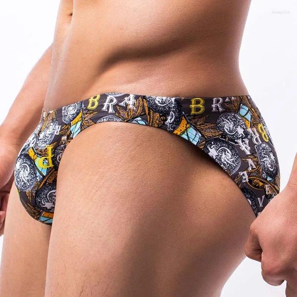 Cuecas moda impressão homens briefs roupa interior cintura baixa sexy bulge pênis bolsa calcinha secagem rápida masculino deslizamento underpant calções de natação