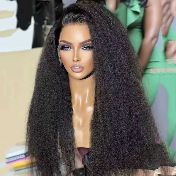 Perucas de cabelo 13x4 Kinky Straight Lace Front Wigs 180% Densidade Preto Yaki Peruca para Mulheres com Cabelo de Bebê Sintético Temperatura de Calor Sem Cola 231122