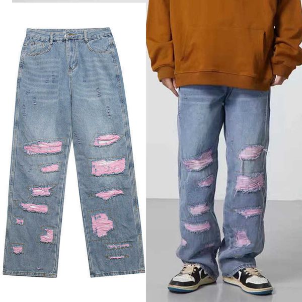 Mannen Broek Harajuku Retro Blauw Roze Tattered Losse Jeans Mens Y2K Streetwear Go Punk Oversized Casual Bedelaar Broek Womens Wijde Pijpen Berd G230422