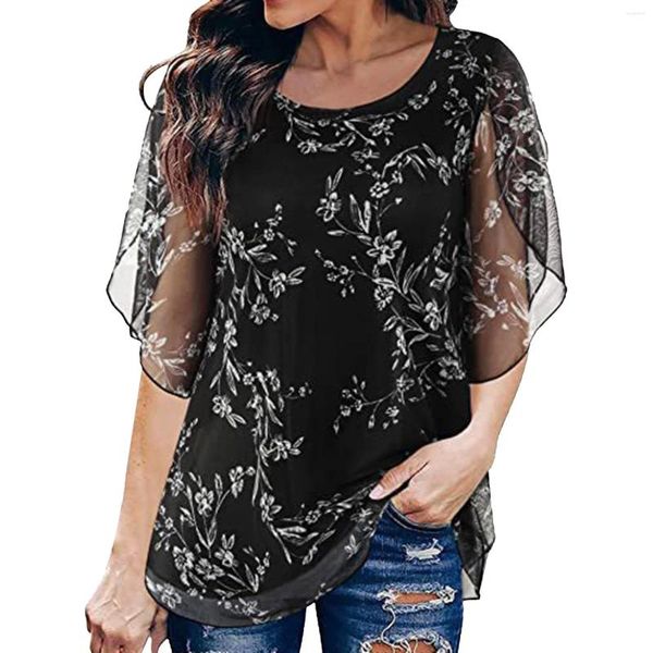 Camicette da donna Top attivi da donna Camicia a maniche corte Pieghettata Tunica taglie forti 4x Sciolto per donna Casual