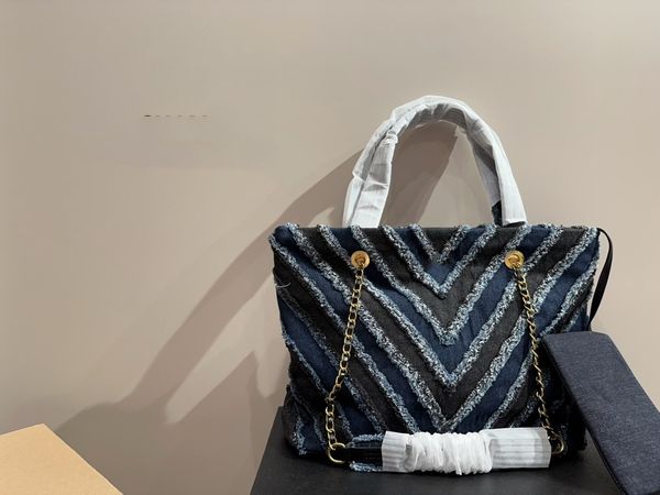 V-Pattern Denim Tote Bag Women Fashion Shockels Satchels Satchels мешки на плечах Canvas Chain Crossbody Messenger Bags Hobo Dimbag