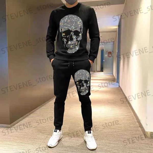 Conjuntos de treino masculino quente broca hoodie + calças duas peças casual treino masculino roupas esportivas marca suor terno novo strass t231122