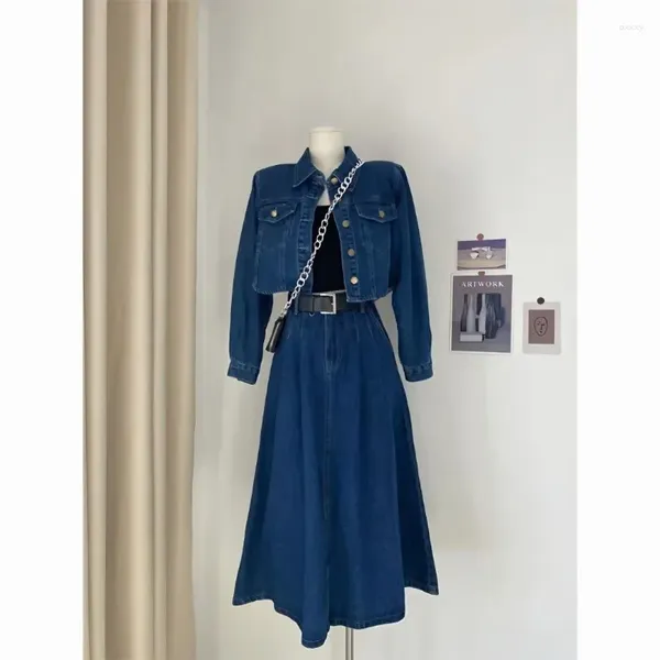 Vestidos de trabalho conjunto feminino 2023 outono retro azul polo pescoço denim casaco curto fino cintura alta meio comprimento vestido casual elegante duas peças