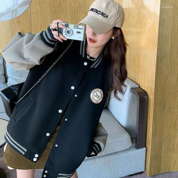 Jaquetas femininas College Baseball Jacket Mulheres American Patchwork Retro Doce Redondo Pescoço Emendado Cool Solto Casaco Primavera Outono Esportes Casuais