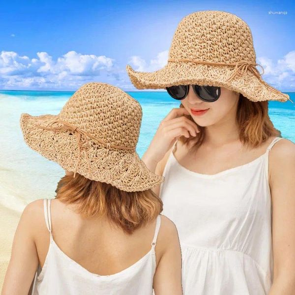 Berets chapéu feminino arco sol aba larga floppy verão chapéus para mulheres praia panamá palha cúpula balde femme sombra