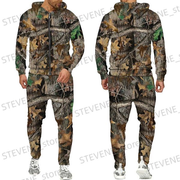 Fatos masculinos outono e inverno folhas de bordo camuflagem 3d zíper treino homens ao ar livre pesca acampamento caça conjuntos unisex streetwear ternos t231122