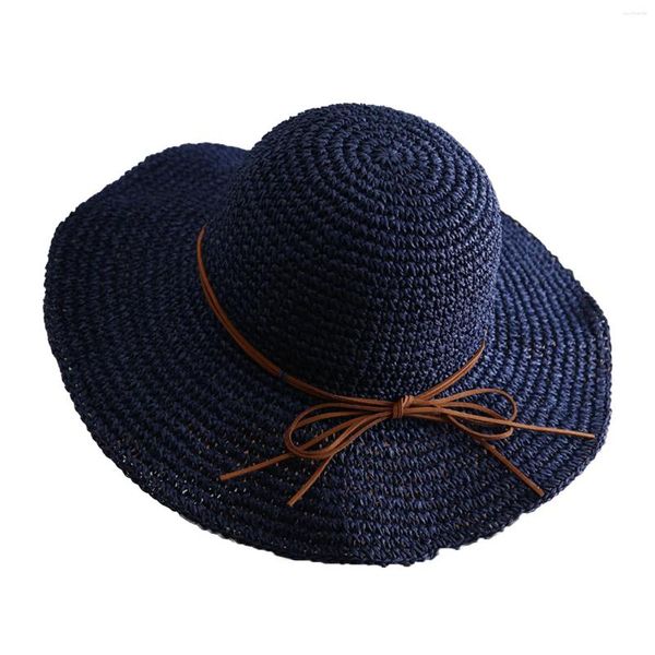 Berets Womens Summer Straw Sun Hat Anti-UV Sunshade Dobrável Cap com Decoração Fina para Esportes Ao Ar Livre Caminhadas Viagens