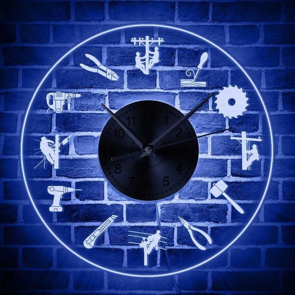 Power Elettricista Lineman Silhouette Illuminazione a LED Orologio da parete Lineworker ad alto rischio Multi colore che cambia Decor Lampada da parete a LED X0336V