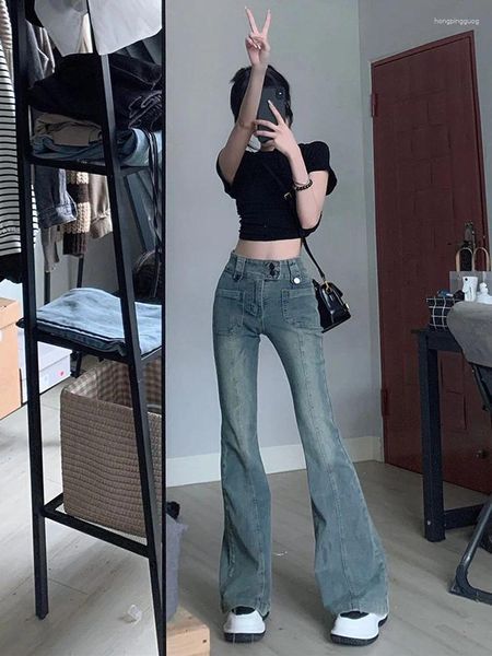 Jeans femininos azul menina flared calças cintura alta retro denim feminino harajuku rua moda coreana na moda