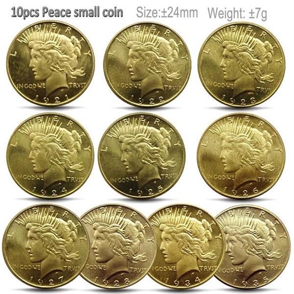 10 peças moedas de pombo dos eua para Peace1921-1935 cópia feita pequena moeda de ouro 23mm decoração de casa conjunto completo coleção290i