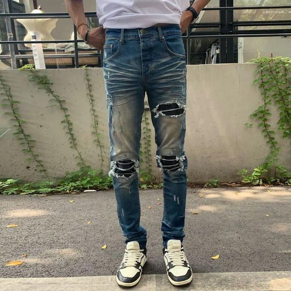 Jeans masculinos streetwear moda homens retro lavado azul estiramento magro ajuste rasgado couro remendado designer hip hop marca calças