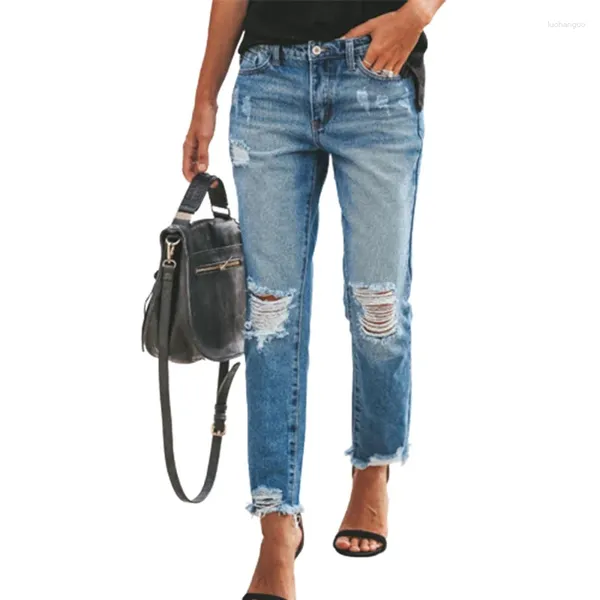 Женские джинсы со средней талией и пуговицами, прямые женские модные джинсовые брюки с рваными дырками, девятиминутные брюки, женские тенденции, повседневная уличная одежда