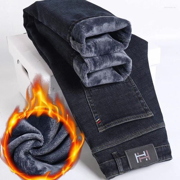 Мужские джинсы осень-зима 2023, бархатные утолщенные прямые облегающие теплые эластичные брюки, модные легкие роскошные брюки