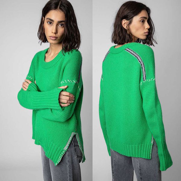 23AW Zadig Voltaire Damen-Strick-T-Shirts, handgewebte Pullover im Ethno-Stil, Saum, geteilter Kaschmir-Damenpullover
