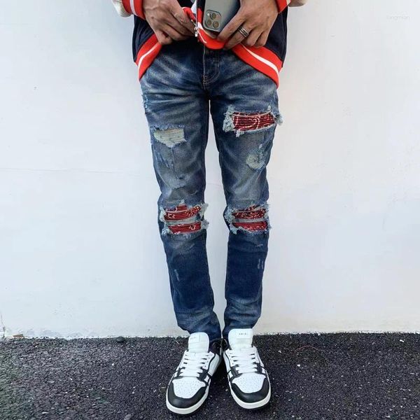 Herrenjeans High Street Fashion Herren Retro Dunkelblau Stretch Skinny Ripped Red Paisley Patched Designer Hip Hop Markenhose