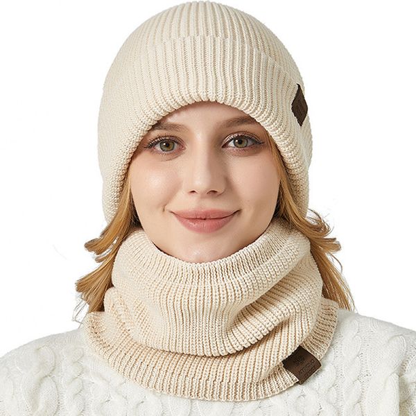 Erkek Kadın Kış Beanie Şapka Eşarp Seti Örgü Kalın Polar Kapak Kapağı Boyun Isıtma Tığ işi iki parça Set Çift Katmanlar Beanie Hats Scarf Ear Wamer Seti