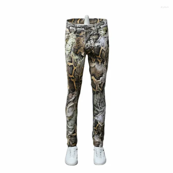 Мужские джинсы 2023, модные мужские брюки с принтом змеевика, цветные брюки с рисунком, мужские узкие классические брюки со змеиным рисунком