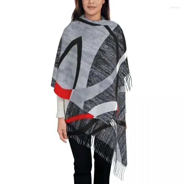 Ethnische Kleidung, moderner abstrakter grau-roter Wirbel-Schal für Damen, langer Winter-Herbst-warmer Quastenschal, Unisex-Schal mit geometrischem Muster