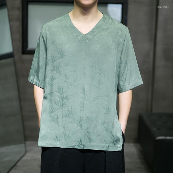 Мужские футболки в стиле ретро-ретро китайский щик шелк v-образный выстрел с коротким рукавом летний рукав летний рукав с пятью рукавами плюс размер