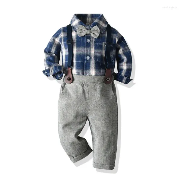 Set di abbigliamento Modelli autunnali per bambini Arrivo Manica lunga Camicia a quadri blu Papillon Bretelle Pantaloni Abito OEM personalizzato