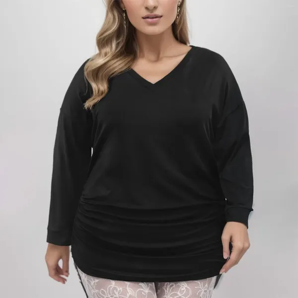 Camiseta feminina plus size outono/inverno camiseta com decote em v cor sólida base camada superior preto camisa de suor 2023 feminino