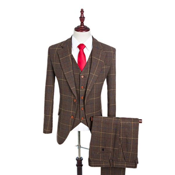 Herrenanzüge Blazer Wolle Braun Klassischer Tweed Maßgeschneiderter Herrenanzug Retro Gentleman Style Bräutigam Smoking Hochzeit Für 3 Teilig