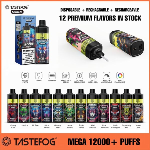 Original Tastefog Mega 12000+ puffs descartáveis vape puff 12000 2% bobina de malha recarregável descartável e cigarro