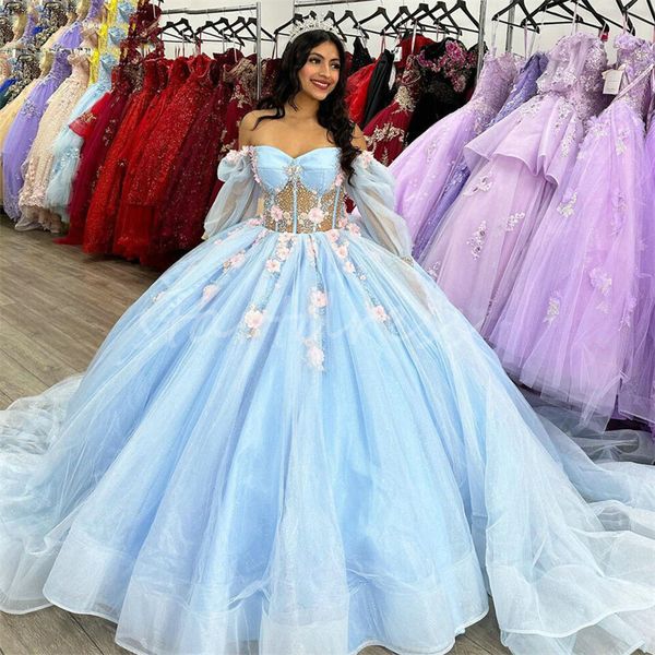 Feenhaftes babyblaues Quinceanera-Kleid mit rosa 3D-Blumen, Kristallperlen, Prinzessin-Geburtstagskleid, langärmelig, Vestidos De 15 Anos Fifteen, Sweet 16 Promdress Party 2024