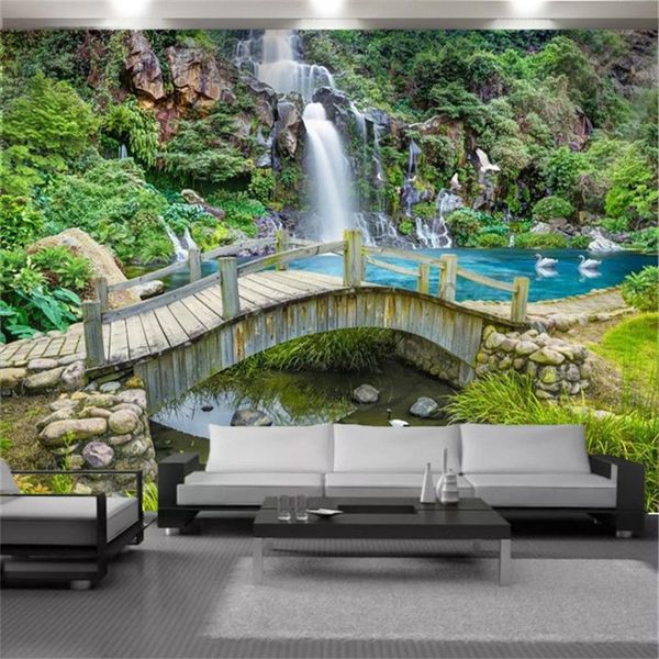 Modernes Wandbild mit 3D-Effekt, Wasserfall, Holzbogenbrücke, kleiner Bach, Wohnzimmer, Schlafzimmer, Dekoration, Landschaft, Aufkleber backg215Q